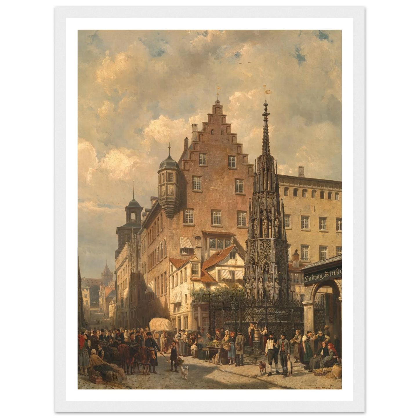 ‘Der Schöne Brunnen’ in Nuremberg (1876) Art Print | Cornelis Springer - Framed Poster - 30x40 cm / 12x16″ - Black frame