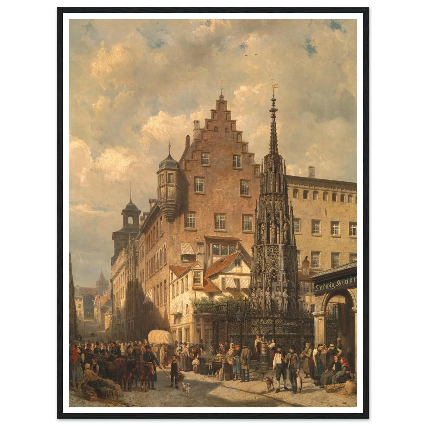 ‘Der Schöne Brunnen’ in Nuremberg (1876) Art Print | Cornelis Springer - Framed Poster - 30x40 cm / 12x16″ - Black frame