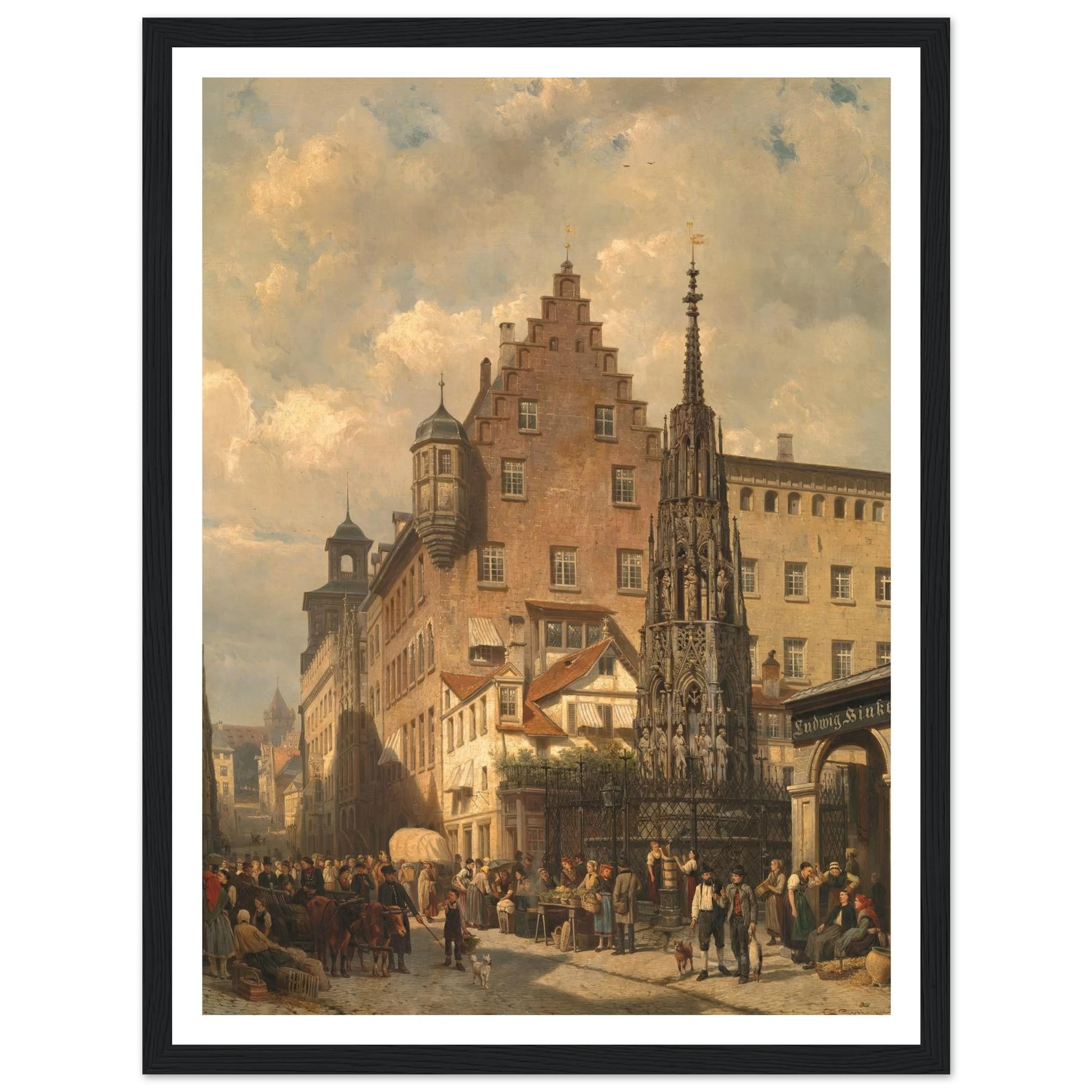 ‘Der Schöne Brunnen’ in Nuremberg (1876) Art Print | Cornelis Springer - Framed Poster - 30x40 cm / 12x16″ - Black frame