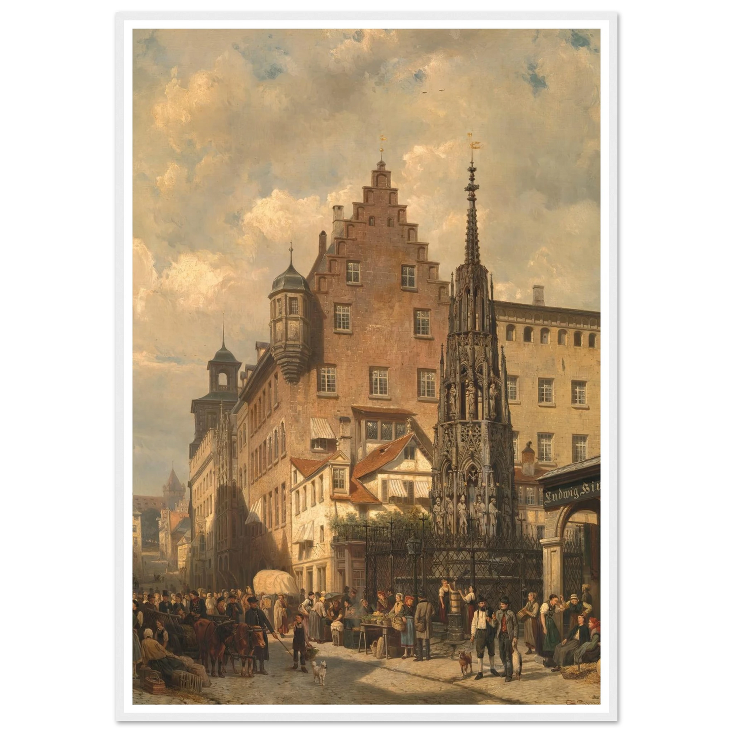 ‘Der Schöne Brunnen’ in Nuremberg (1876) Art Print | Cornelis Springer - Framed Poster - 30x40 cm / 12x16″ - Black frame