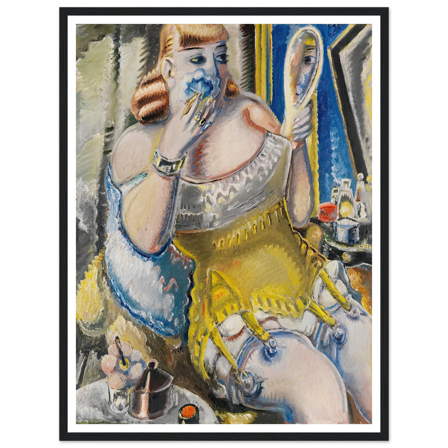Dirne, sich pudernd, in gelbem Korsett (1938) Art Print | Paul Kleinschmidt - Framed Poster - 30x40 cm / 12x16″ - Black frame