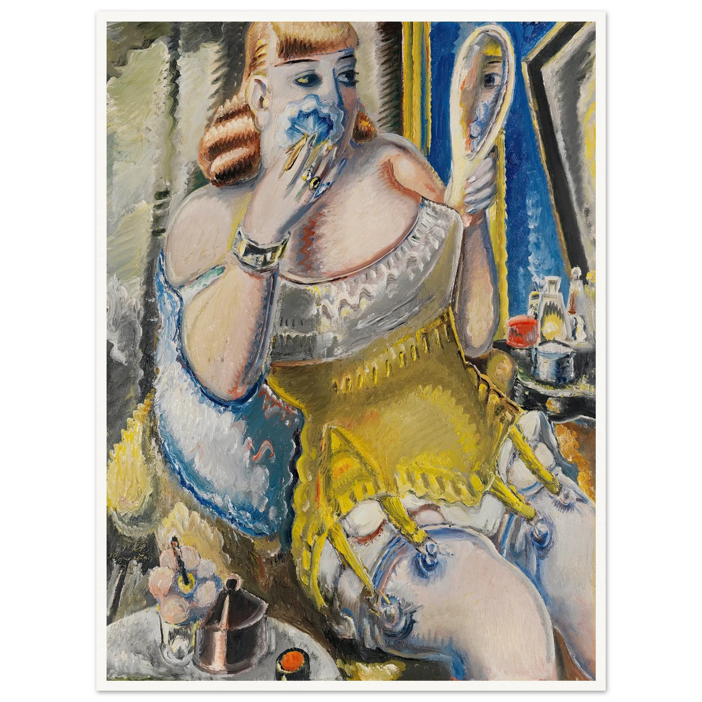 Dirne, sich pudernd, in gelbem Korsett (1938) Art Print | Paul Kleinschmidt - Framed Poster - 30x40 cm / 12x16″ - Black frame
