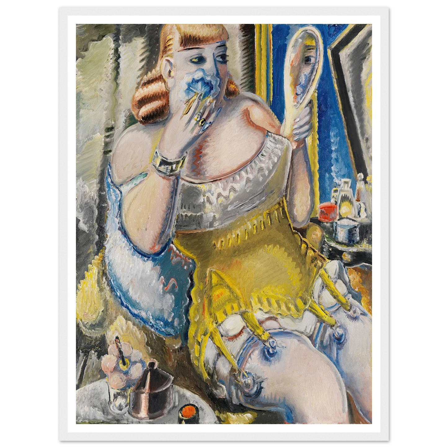 Dirne, sich pudernd, in gelbem Korsett (1938) Art Print | Paul Kleinschmidt - Framed Poster - 30x40 cm / 12x16″ - Black frame