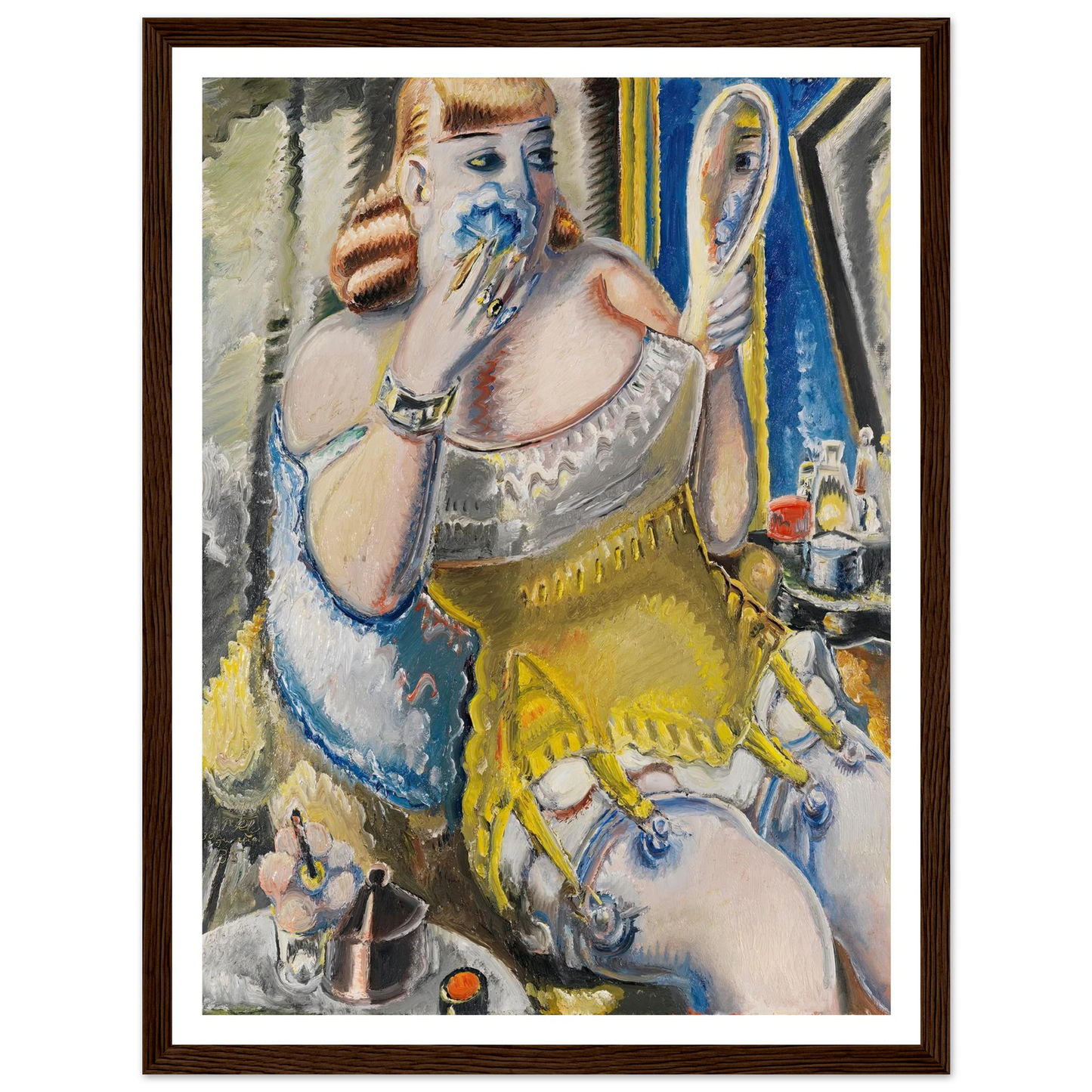 Dirne, sich pudernd, in gelbem Korsett (1938) Art Print | Paul Kleinschmidt - Framed Poster - 30x40 cm / 12x16″ - Black frame