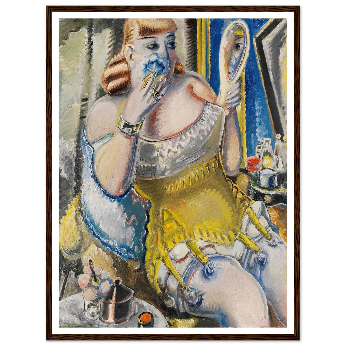 Dirne, sich pudernd, in gelbem Korsett (1938) Art Print | Paul Kleinschmidt - Framed Poster - 30x40 cm / 12x16″ - Black frame