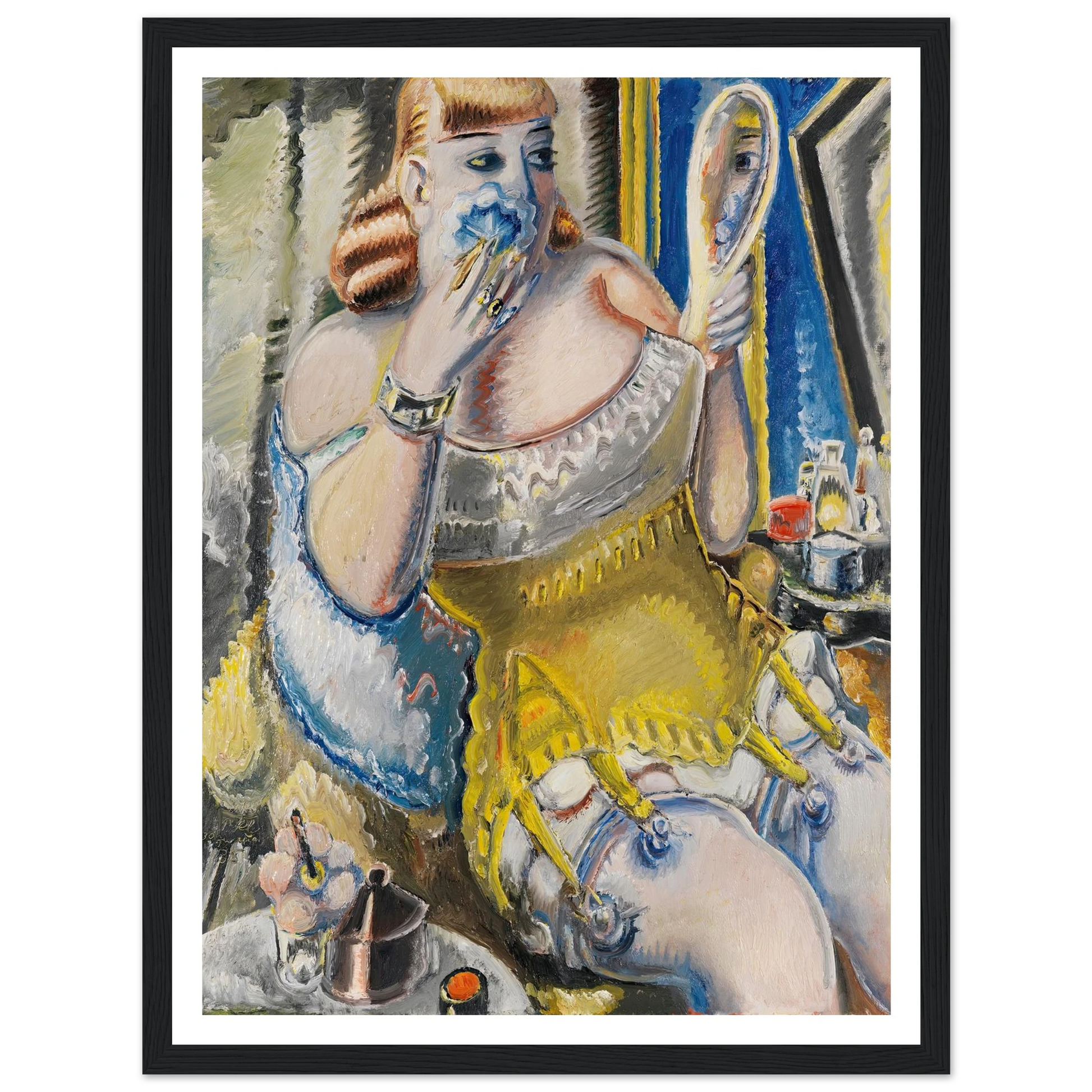 Dirne, sich pudernd, in gelbem Korsett (1938) Art Print | Paul Kleinschmidt - Framed Poster - 30x40 cm / 12x16″ - Black frame