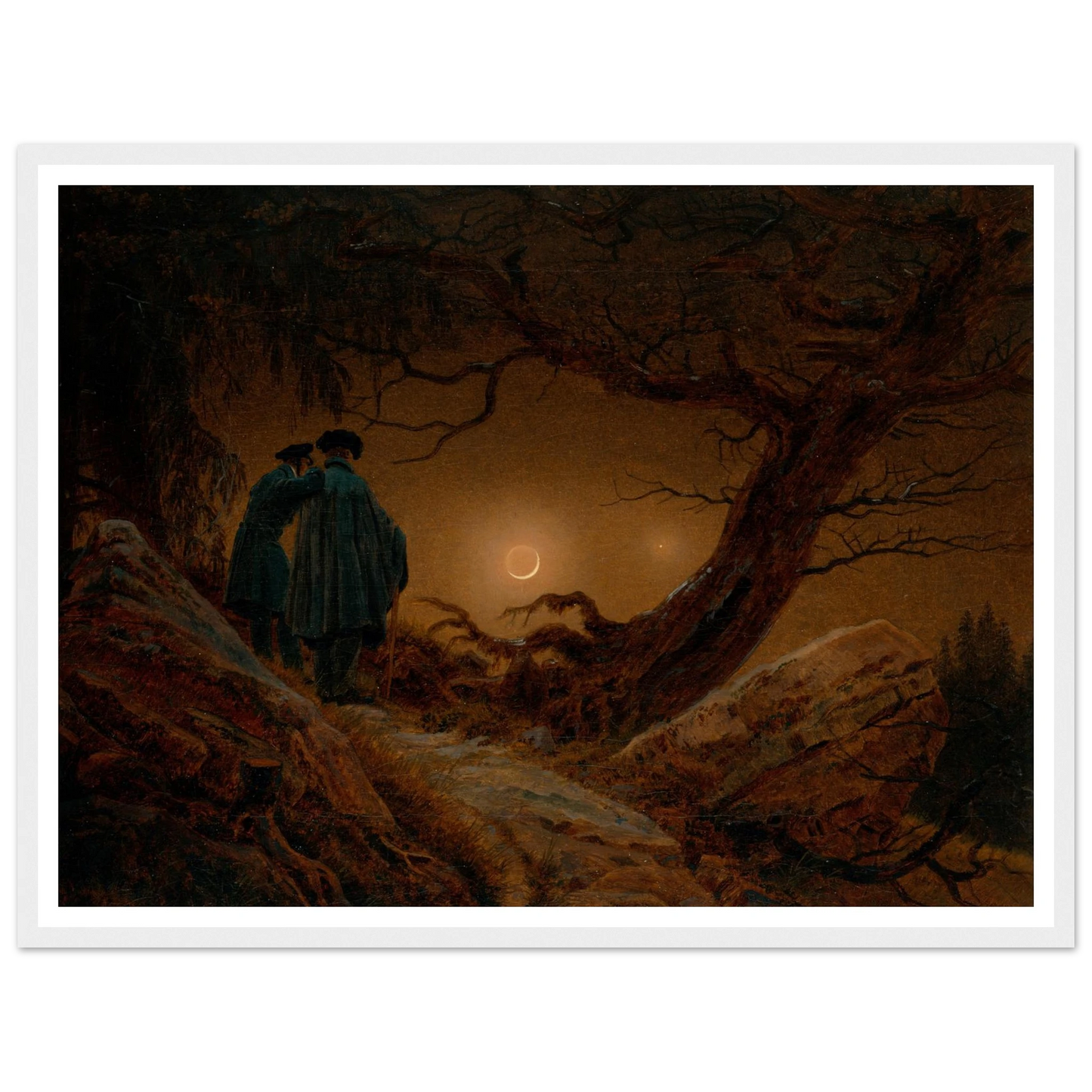 Du Homoj Kontemplante la Lunon, 1819-20 Art Print | Caspar David Friedrich - Framed Poster - 30x40 cm / 12x16″ - Black frame