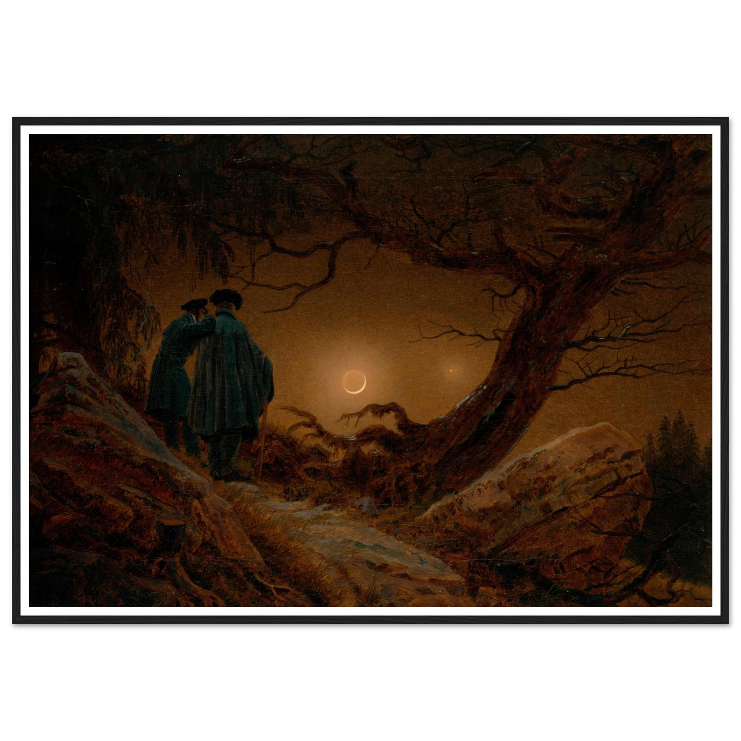 Du Homoj Kontemplante la Lunon, 1819-20 Art Print | Caspar David Friedrich - Framed Poster - 30x40 cm / 12x16″ - Black frame