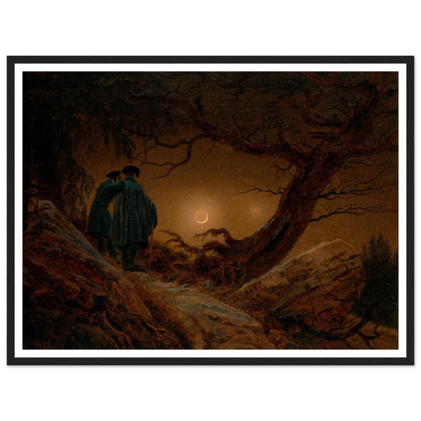 Du Homoj Kontemplante la Lunon, 1819-20 Art Print | Caspar David Friedrich - Framed Poster - 30x40 cm / 12x16″ - Black frame
