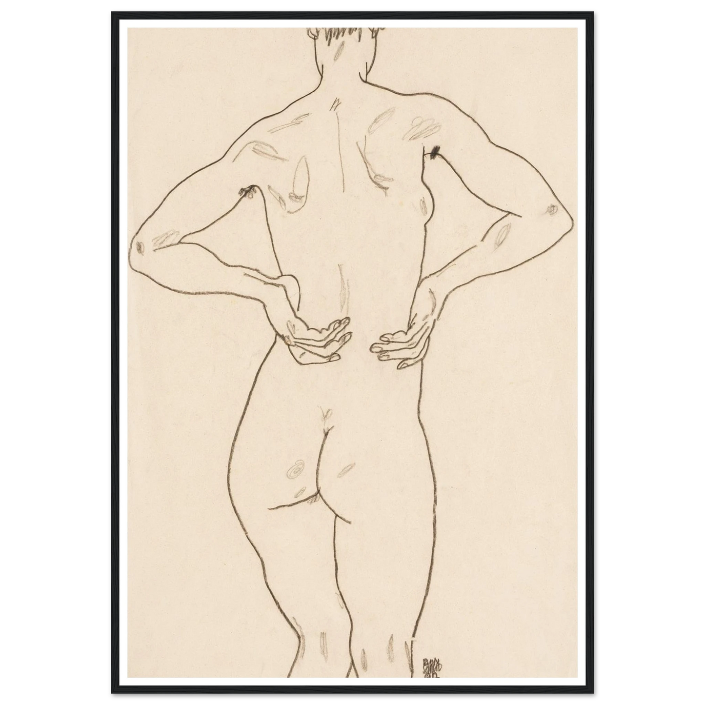 Weiblicher Rückenakt, die Hände auf der Hüfte Art Print | Egon Schiele-Quipham Collections