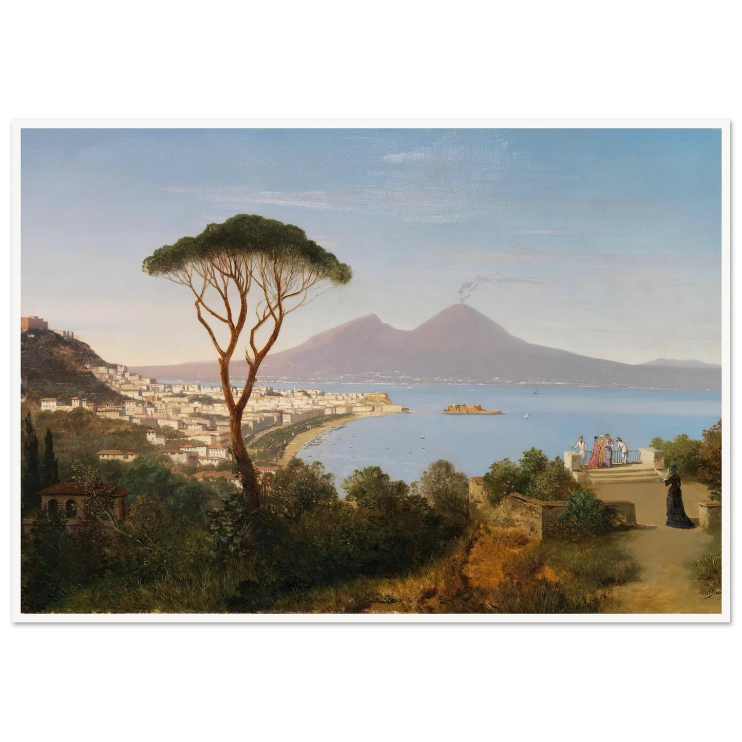 Blick vom Posillipo auf die weite Bucht von Neapel mit rauchendem Vesuv (Ca. 1850) Art Print | Albert Zimmermann-Quipham Collections