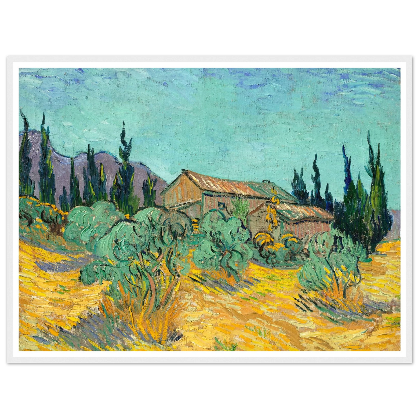 Cabanes de bois parmi les oliviers et cyprès (1889) Art Print | Vincent van Gogh-Quipham Collections