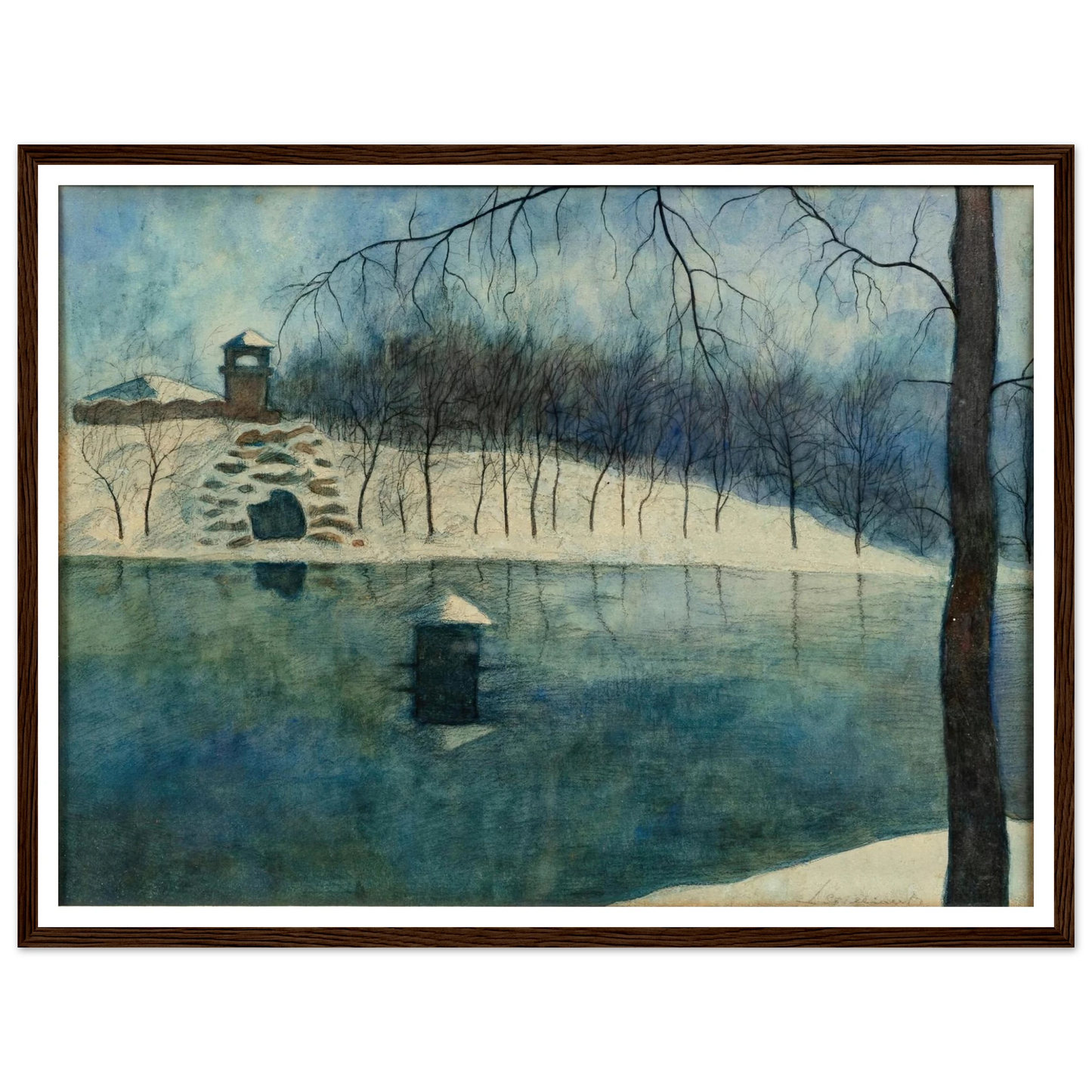 Le parc Léopold d’Ostende avec l’étang et le Trinkhall, sous la neige (1915) Art Print | Leon Spilliaert-Quipham Collections