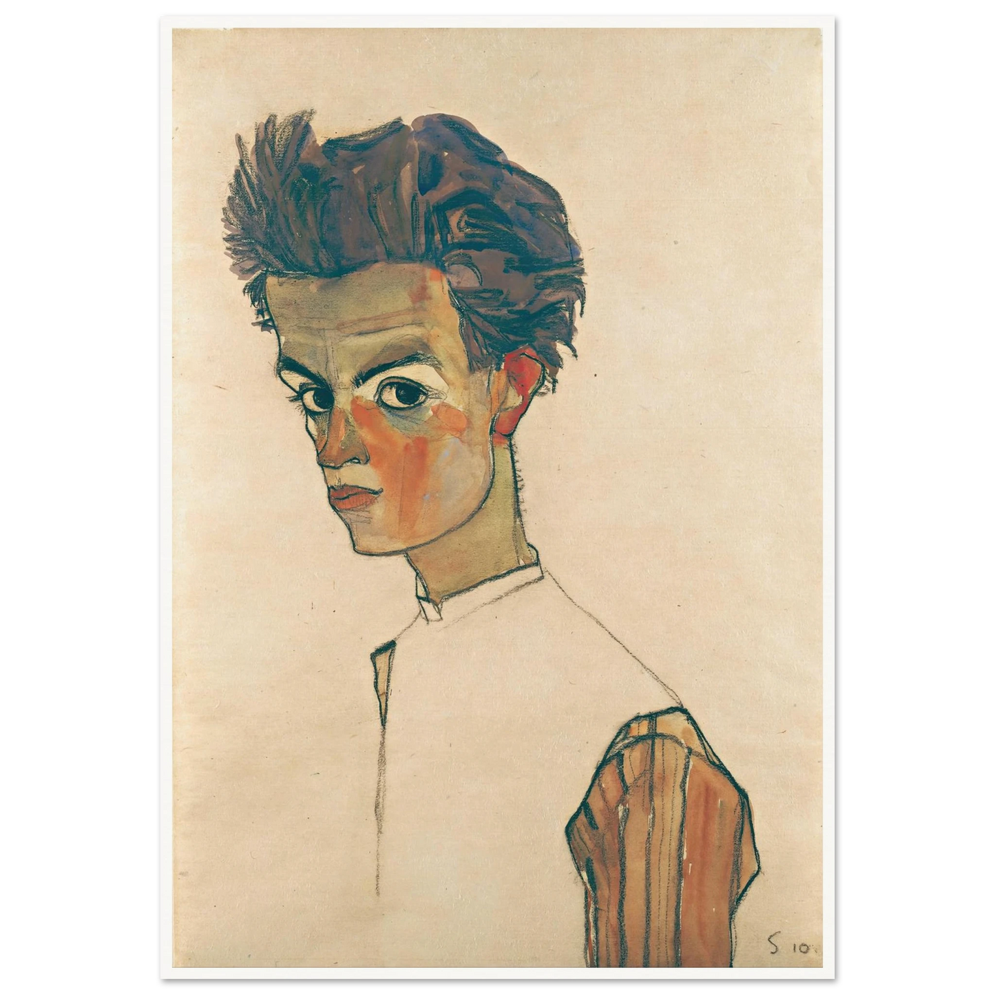 Self-Portrait with Striped Shirt (1910) Art Print | Egon Schiele-Quipham Collections
