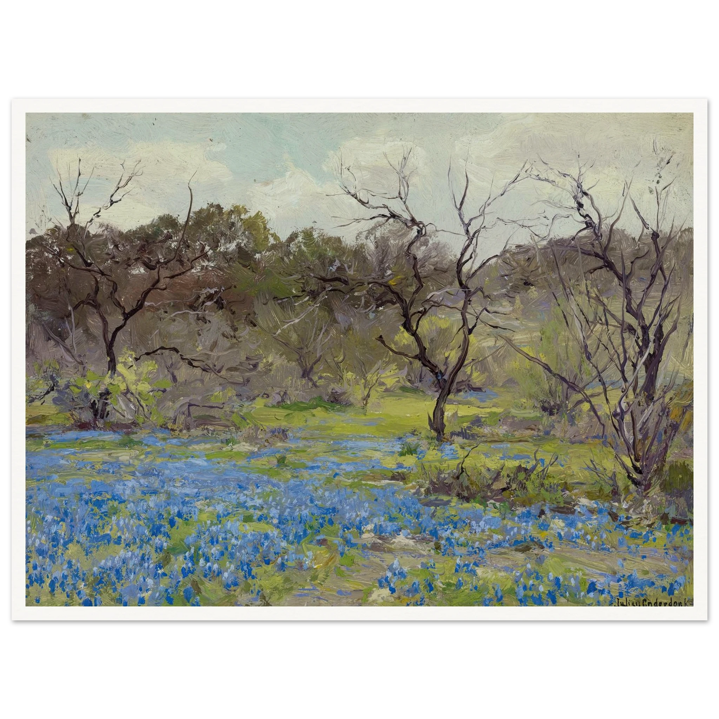 Early Spring—Bluebonnets and Mesquite (1919) Art Print | Julian Onderdonk - Framed Poster - 30x40 cm / 12x16″ - Black frame