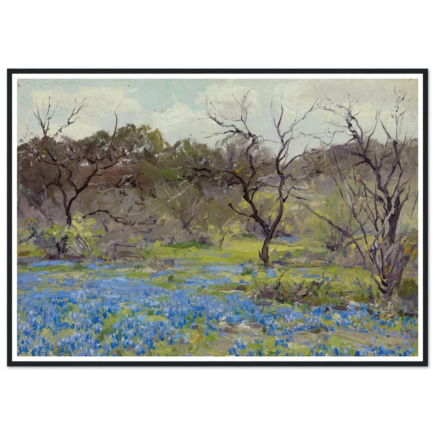 Early Spring—Bluebonnets and Mesquite (1919) Art Print | Julian Onderdonk - Framed Poster - 30x40 cm / 12x16″ - Black frame