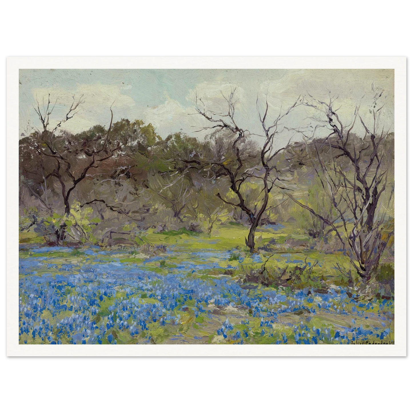 Early Spring—Bluebonnets and Mesquite (1919) Art Print | Julian Onderdonk - Framed Poster - 30x40 cm / 12x16″ - Black frame