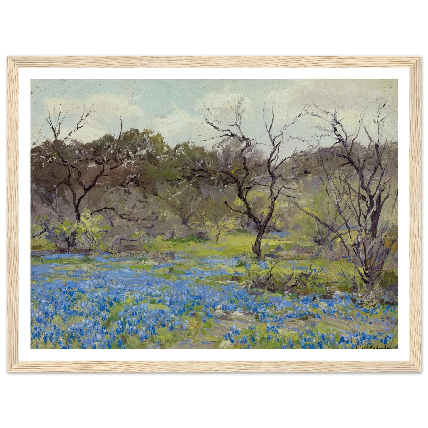 Early Spring—Bluebonnets and Mesquite (1919) Art Print | Julian Onderdonk - Framed Poster - 30x40 cm / 12x16″ - Black frame