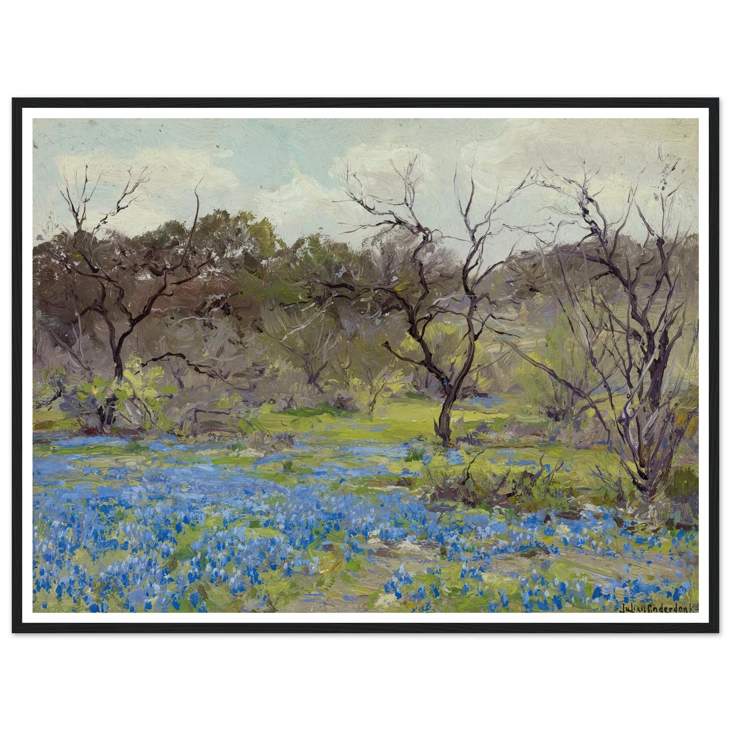 Early Spring—Bluebonnets and Mesquite (1919) Art Print | Julian Onderdonk - Framed Poster - 30x40 cm / 12x16″ - Black frame