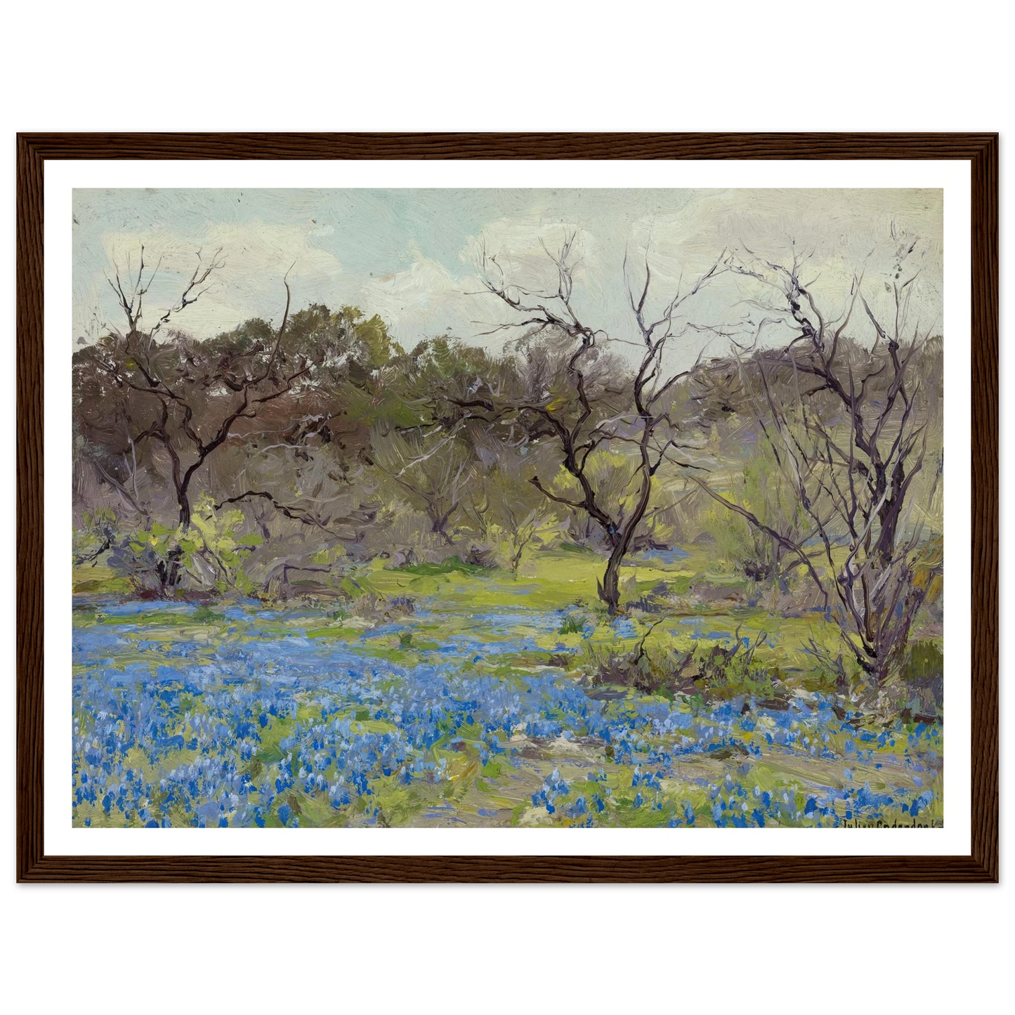 Early Spring—Bluebonnets and Mesquite (1919) Art Print | Julian Onderdonk - Framed Poster - 30x40 cm / 12x16″ - Black frame
