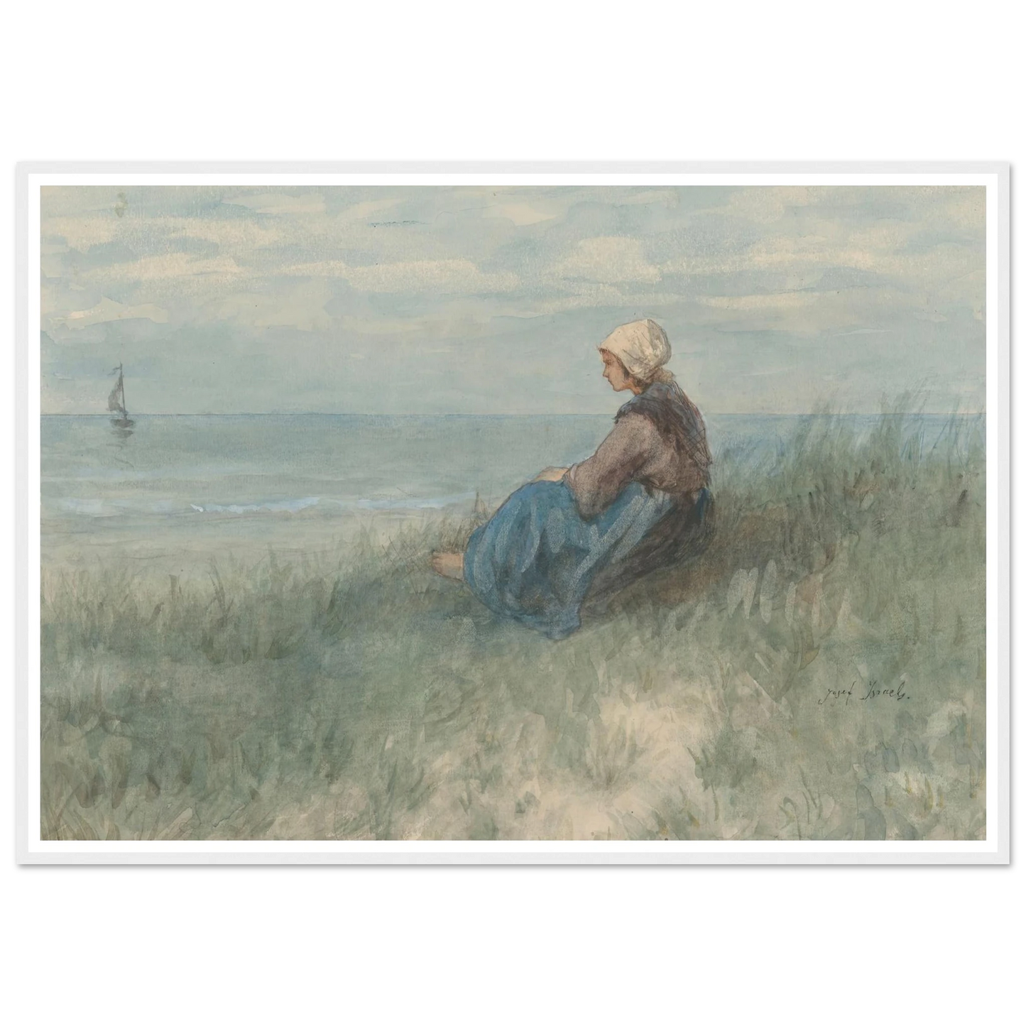 Een vrouw zit op een duin naar zee te kijken (1834 - 1911) Art Print | Jozef Israels - Framed Poster - 30x40 cm / 12x16″ - Black frame