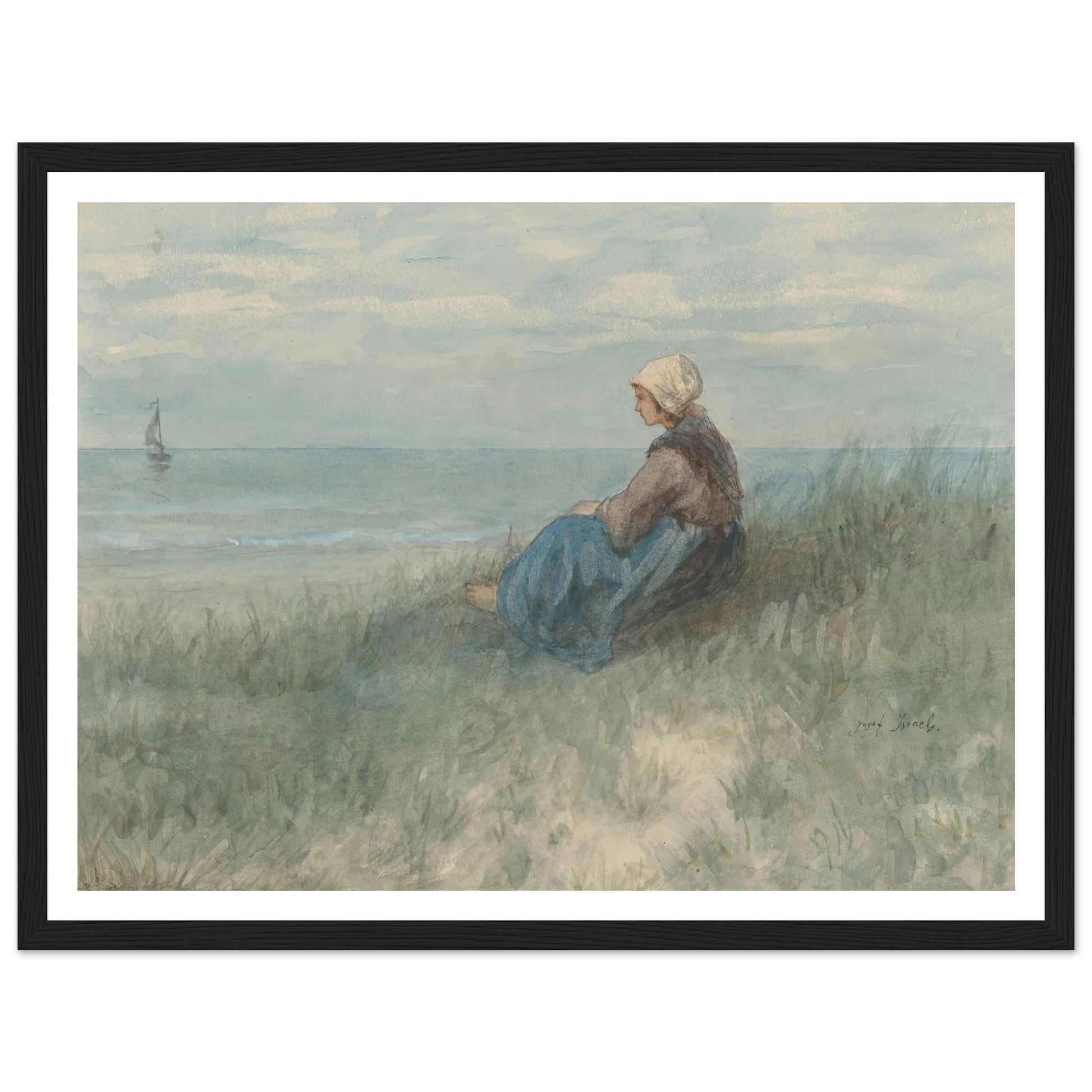 Een vrouw zit op een duin naar zee te kijken (1834 - 1911) Art Print | Jozef Israels - Framed Poster - 30x40 cm / 12x16″ - Black frame