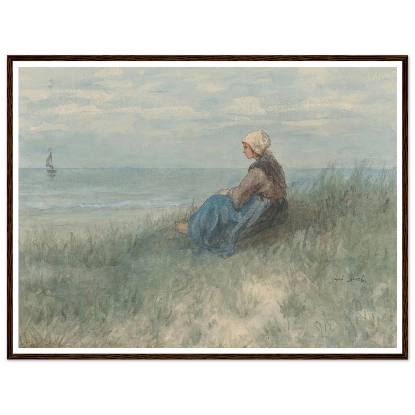 Een vrouw zit op een duin naar zee te kijken (1834 - 1911) Art Print | Jozef Israels - Framed Poster - 30x40 cm / 12x16″ - Black frame