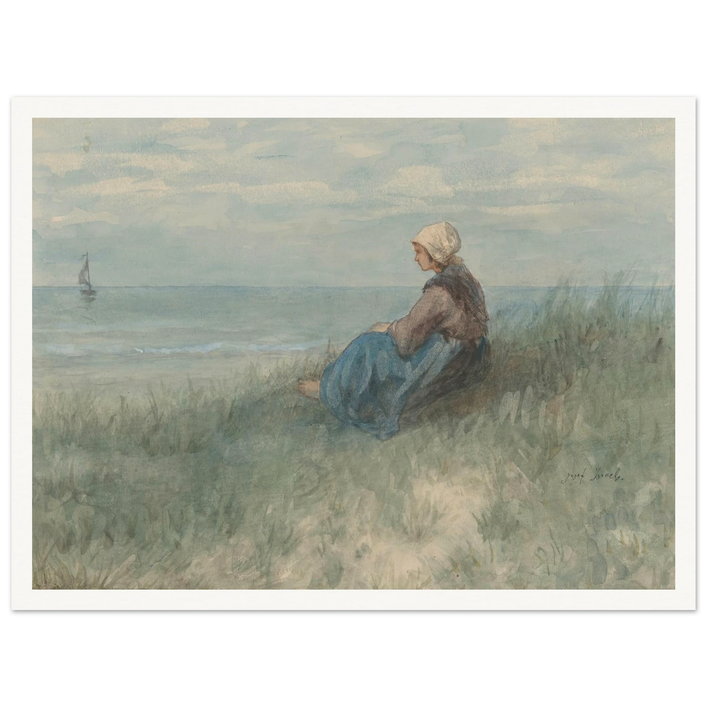 Een vrouw zit op een duin naar zee te kijken (1834 - 1911) Art Print | Jozef Israels - Framed Poster - 30x40 cm / 12x16″ - Black frame