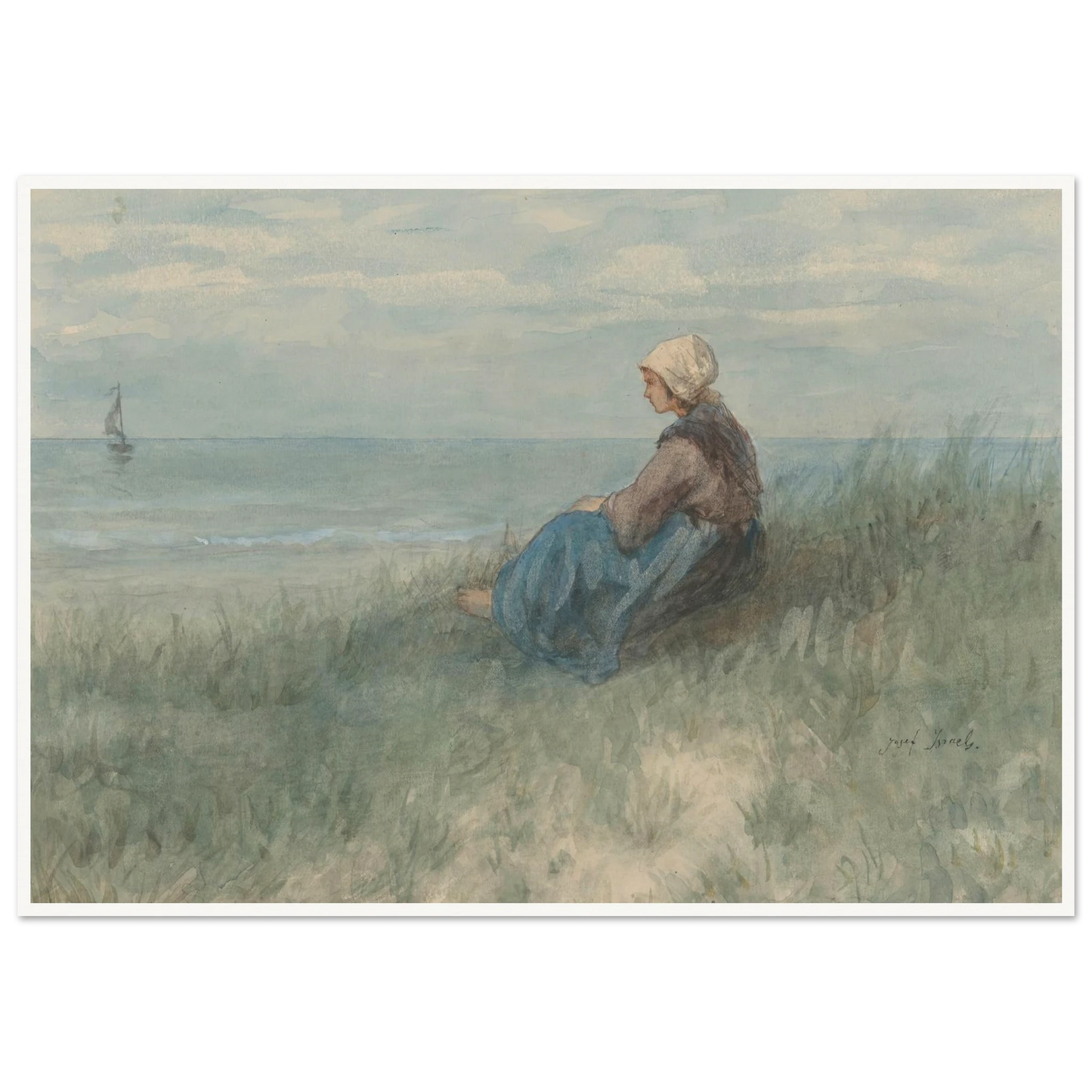 Een vrouw zit op een duin naar zee te kijken (1834 - 1911) Art Print | Jozef Israels - Framed Poster - 30x40 cm / 12x16″ - Black frame