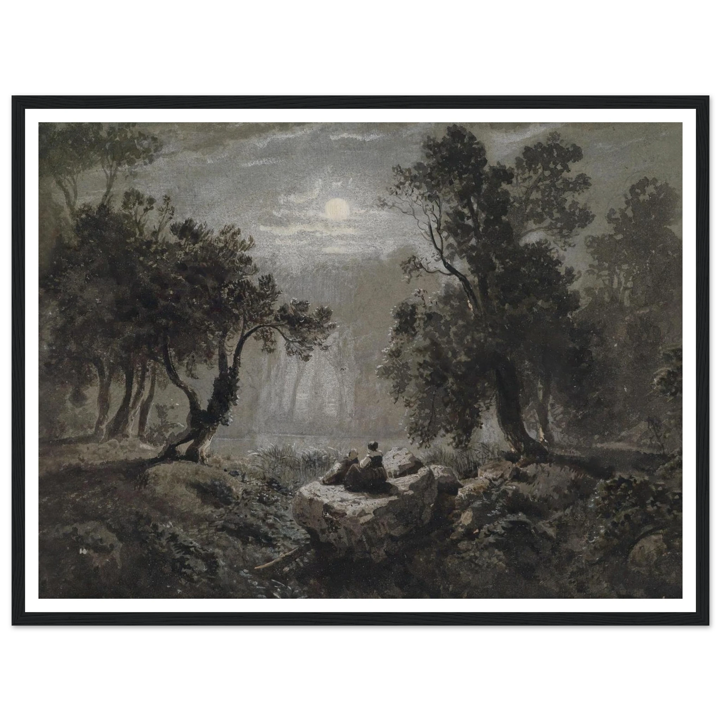 Eine romantische Waldlandschaft im Mondlicht Art Print | Oswald Achenbach - Framed Poster - 30x40 cm / 12x16″ - Black frame