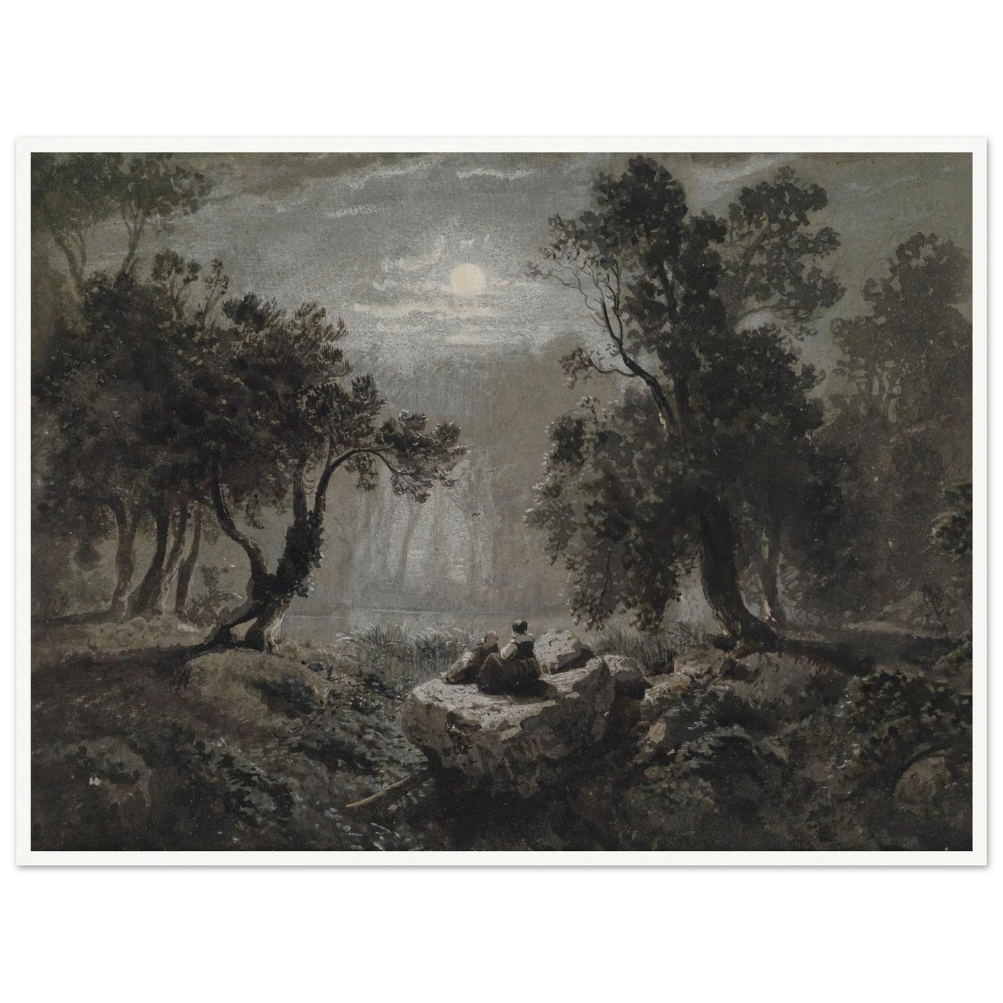 Eine romantische Waldlandschaft im Mondlicht Art Print | Oswald Achenbach - Framed Poster - 30x40 cm / 12x16″ - Black frame