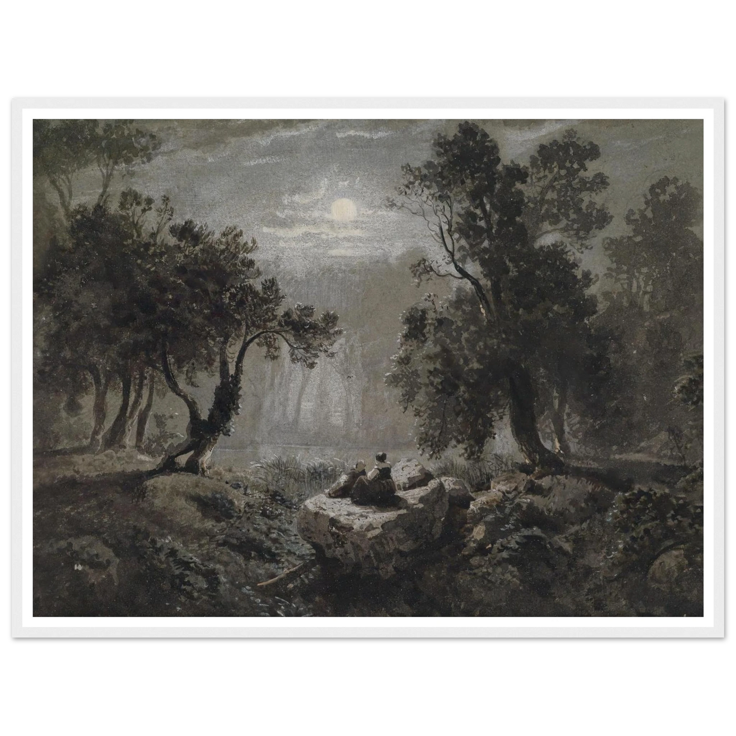 Eine romantische Waldlandschaft im Mondlicht Art Print | Oswald Achenbach - Framed Poster - 30x40 cm / 12x16″ - Black frame