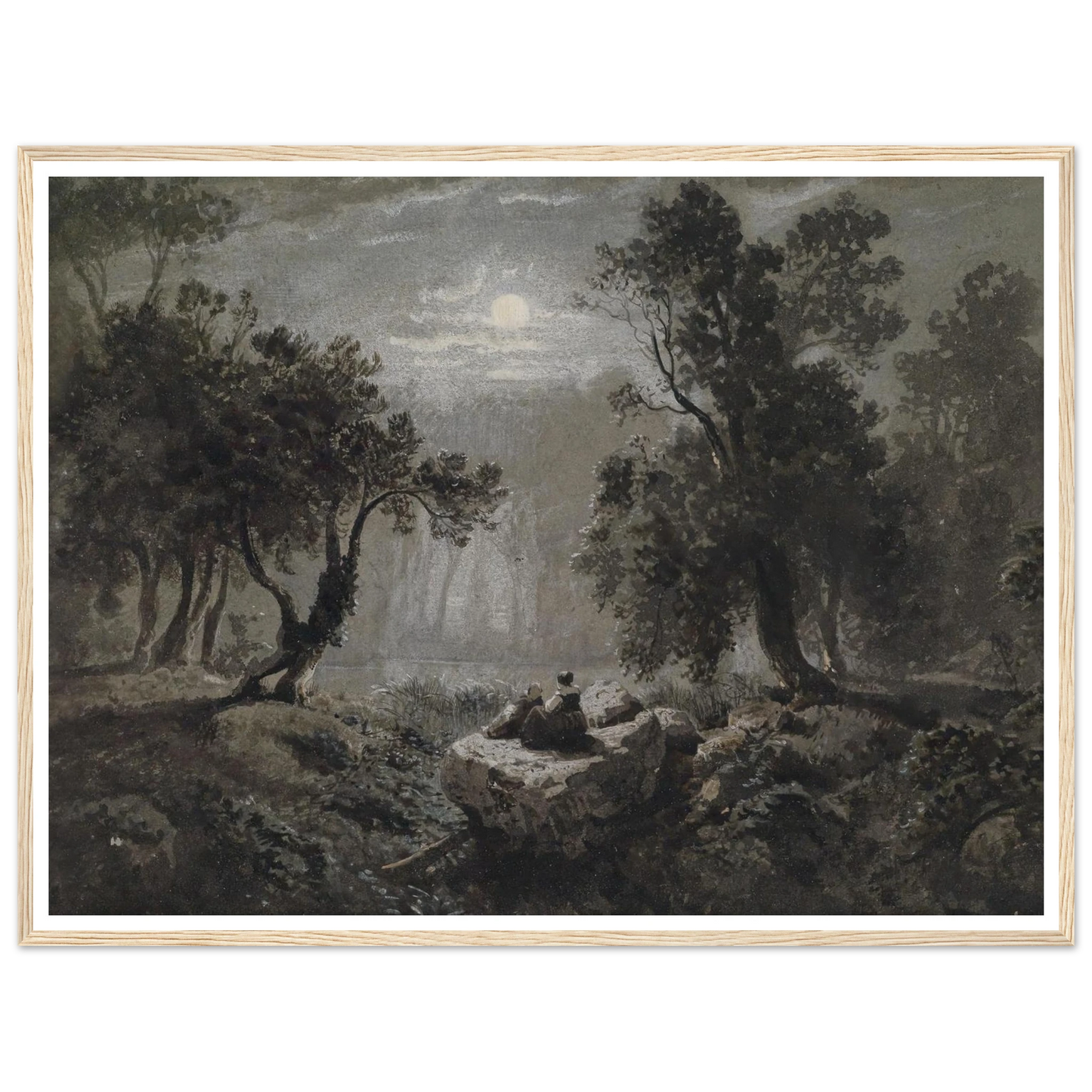 Eine romantische Waldlandschaft im Mondlicht Art Print | Oswald Achenbach - Framed Poster - 30x40 cm / 12x16″ - Black frame