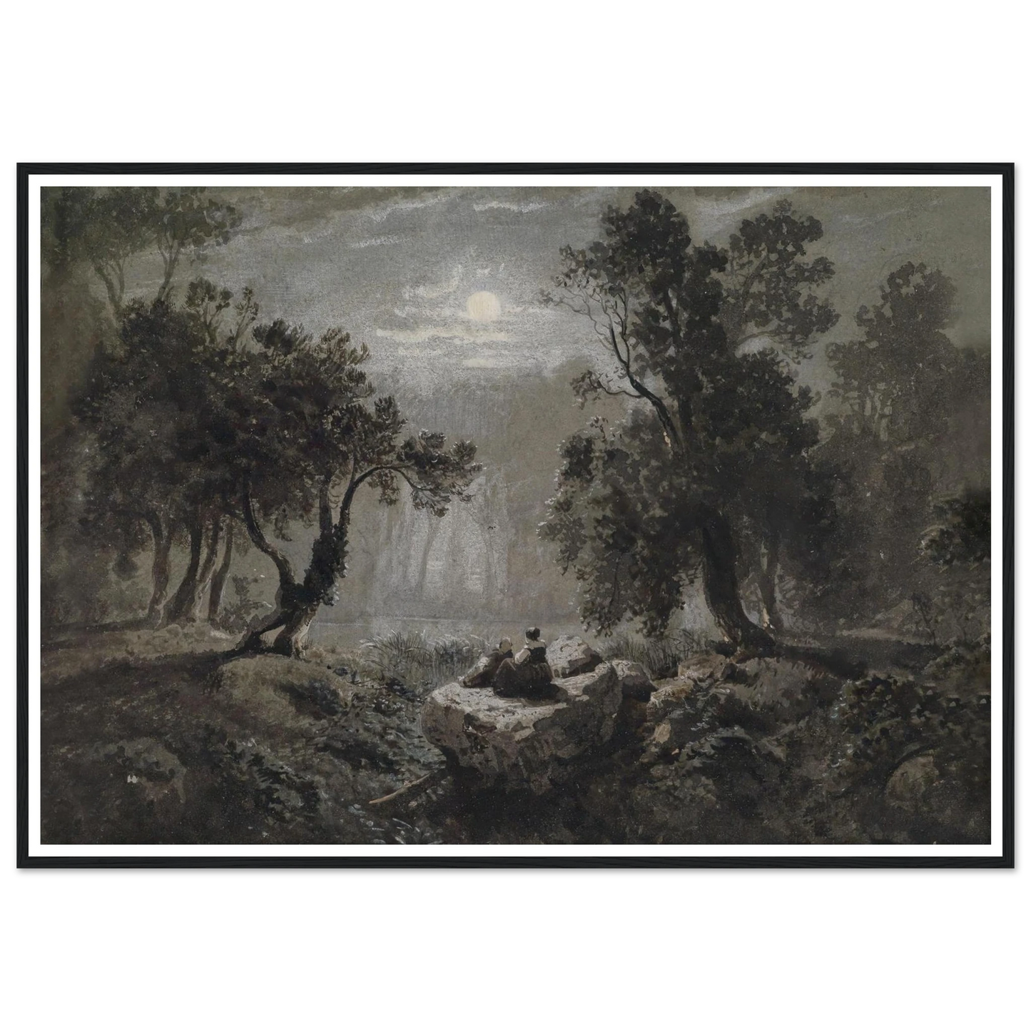Eine romantische Waldlandschaft im Mondlicht Art Print | Oswald Achenbach - Framed Poster - 30x40 cm / 12x16″ - Black frame
