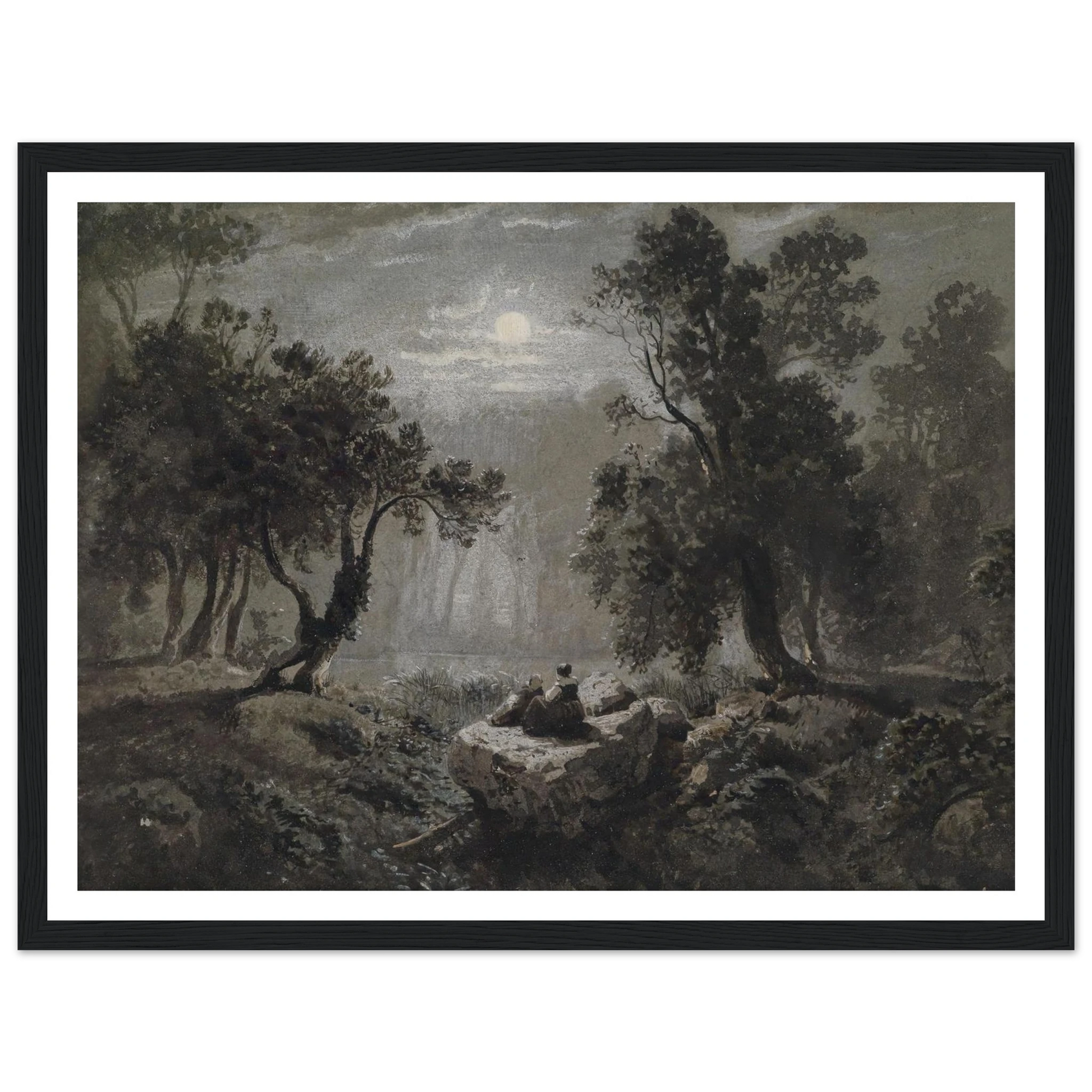 Eine romantische Waldlandschaft im Mondlicht Art Print | Oswald Achenbach - Framed Poster - 30x40 cm / 12x16″ - Black frame