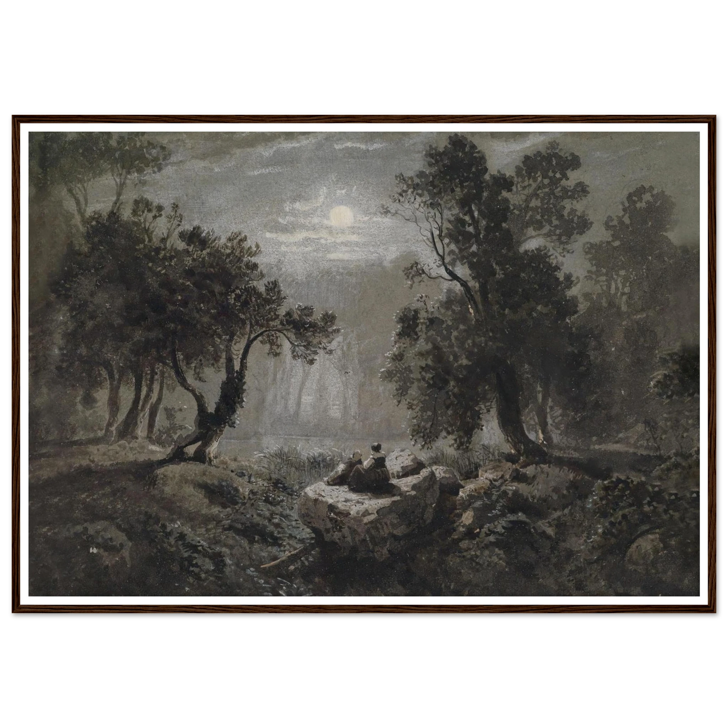 Eine romantische Waldlandschaft im Mondlicht Art Print | Oswald Achenbach - Framed Poster - 30x40 cm / 12x16″ - Black frame