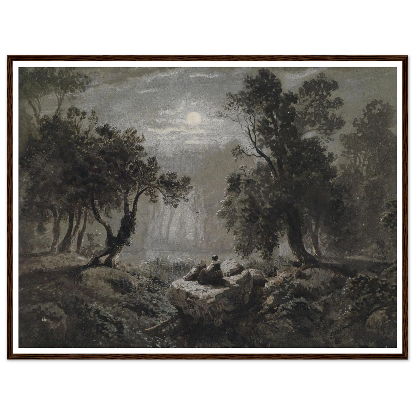 Eine romantische Waldlandschaft im Mondlicht Art Print | Oswald Achenbach - Framed Poster - 30x40 cm / 12x16″ - Black frame