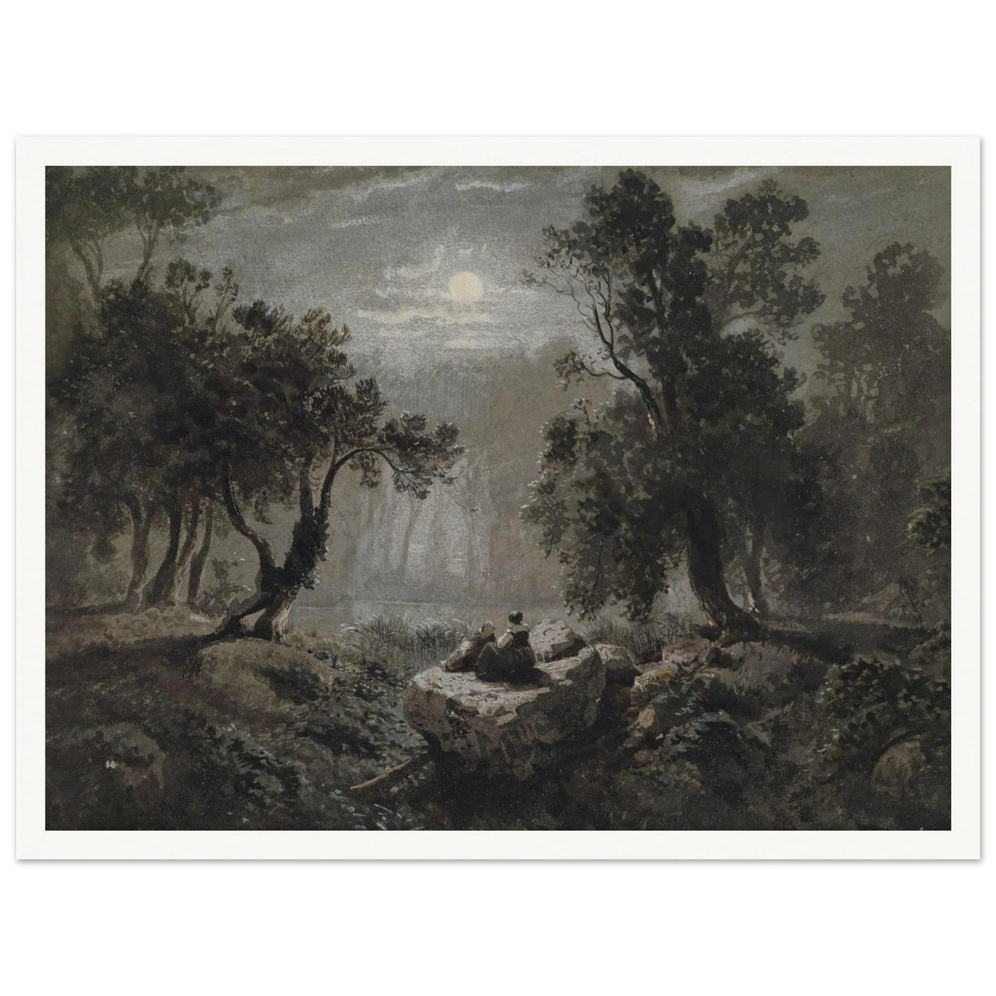 Eine romantische Waldlandschaft im Mondlicht Art Print | Oswald Achenbach - Framed Poster - 30x40 cm / 12x16″ - Black frame