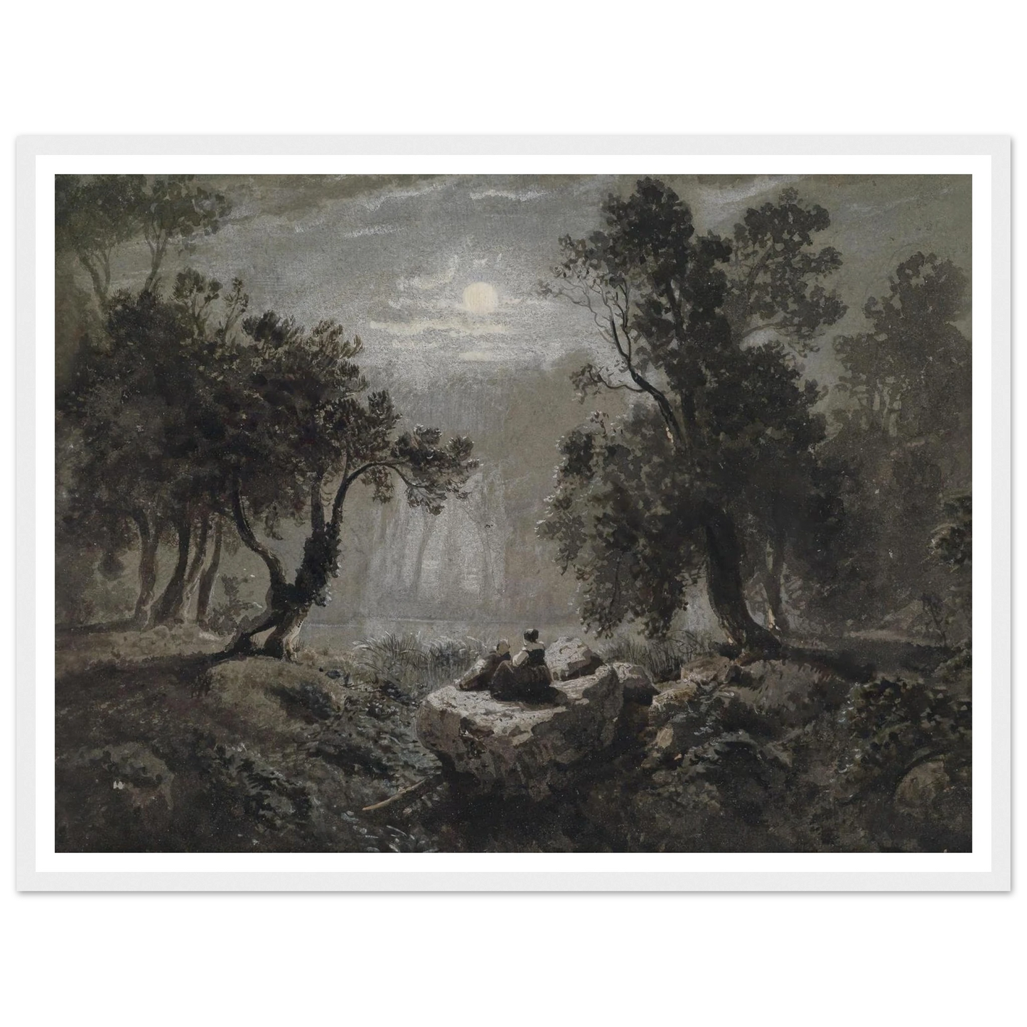 Eine romantische Waldlandschaft im Mondlicht Art Print | Oswald Achenbach - Framed Poster - 30x40 cm / 12x16″ - Black frame