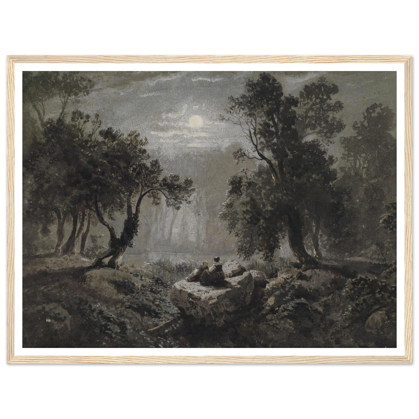 Eine romantische Waldlandschaft im Mondlicht Art Print | Oswald Achenbach - Framed Poster - 30x40 cm / 12x16″ - Black frame