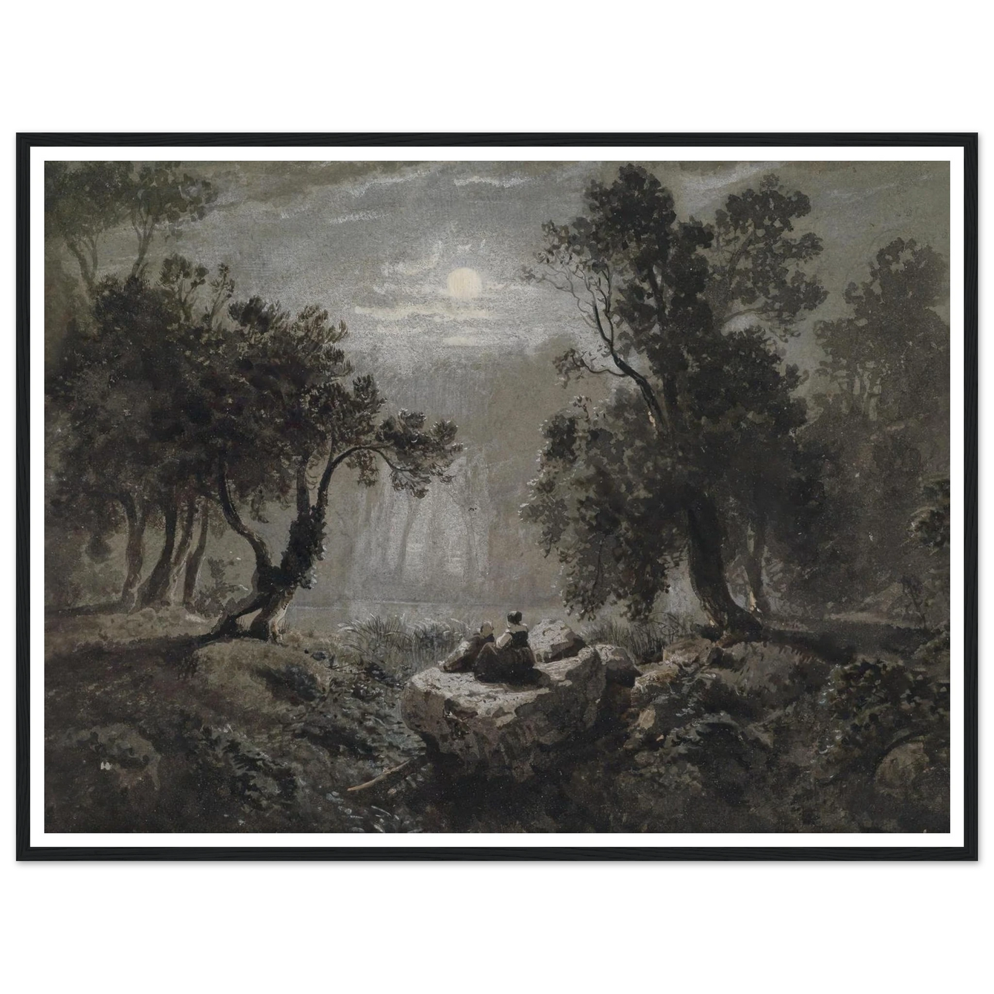 Eine romantische Waldlandschaft im Mondlicht Art Print | Oswald Achenbach - Framed Poster - 30x40 cm / 12x16″ - Black frame
