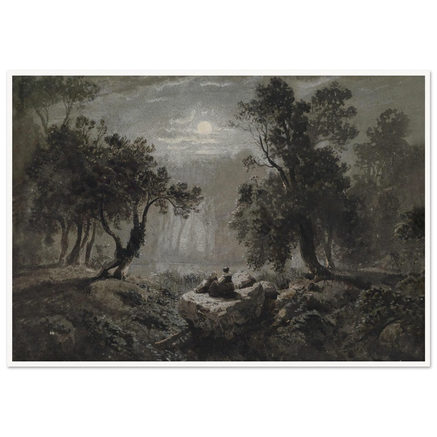 Eine romantische Waldlandschaft im Mondlicht Art Print | Oswald Achenbach - Framed Poster - 30x40 cm / 12x16″ - Black frame