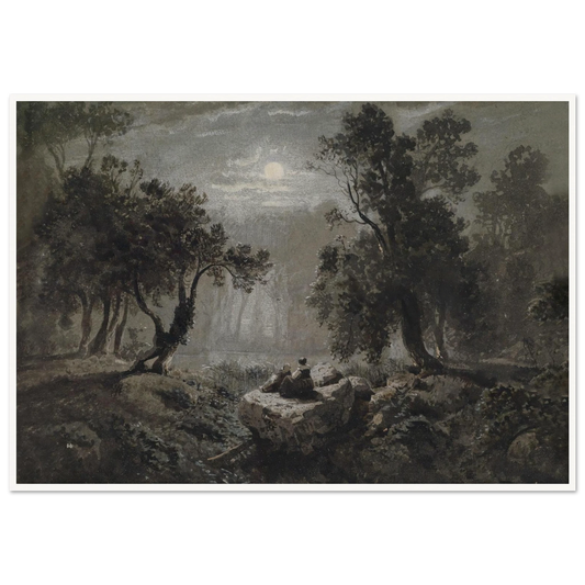 Eine romantische Waldlandschaft im Mondlicht Art Print | Oswald Achenbach - Framed Poster - 30x40 cm / 12x16″ - Black frame