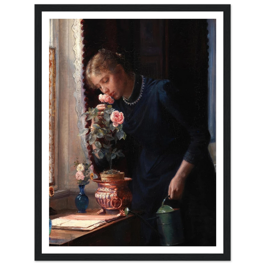 En ung pige, der lugter til en rose (1889) Art Print | Carl Bloch - Framed Poster - 30x40 cm / 12x16″ - Black frame