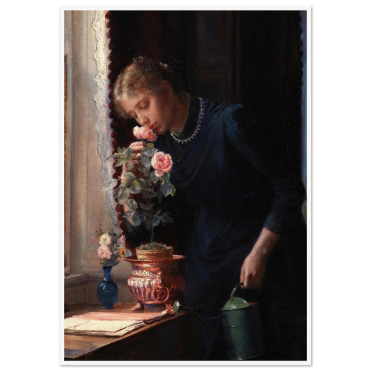 En ung pige, der lugter til en rose (1889) Art Print | Carl Bloch - Framed Poster - 30x40 cm / 12x16″ - Black frame