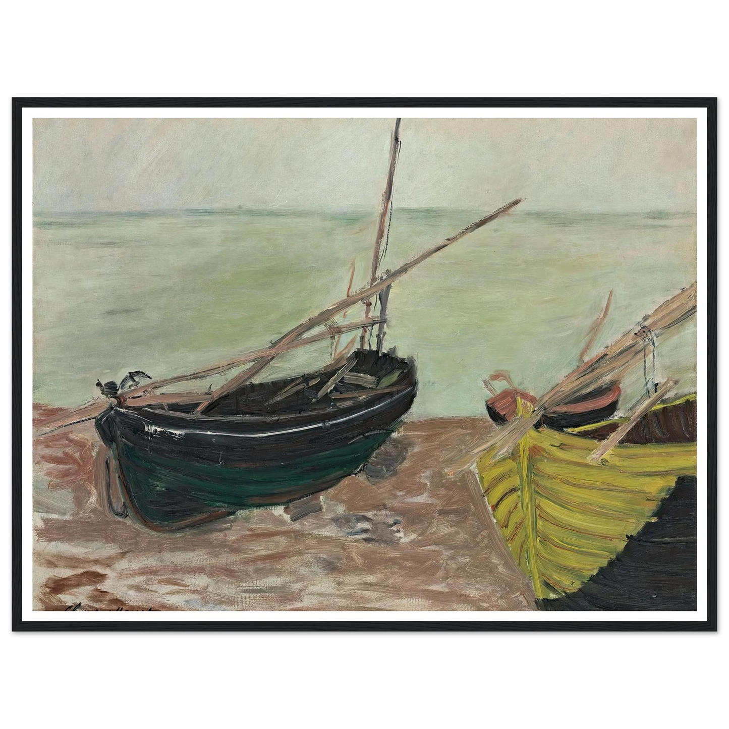 Étude de bateaux sur la plage d’Étretat (1885) Art Print | Claude Monet - Framed Poster - 30x40 cm / 12x16″ - Black frame
