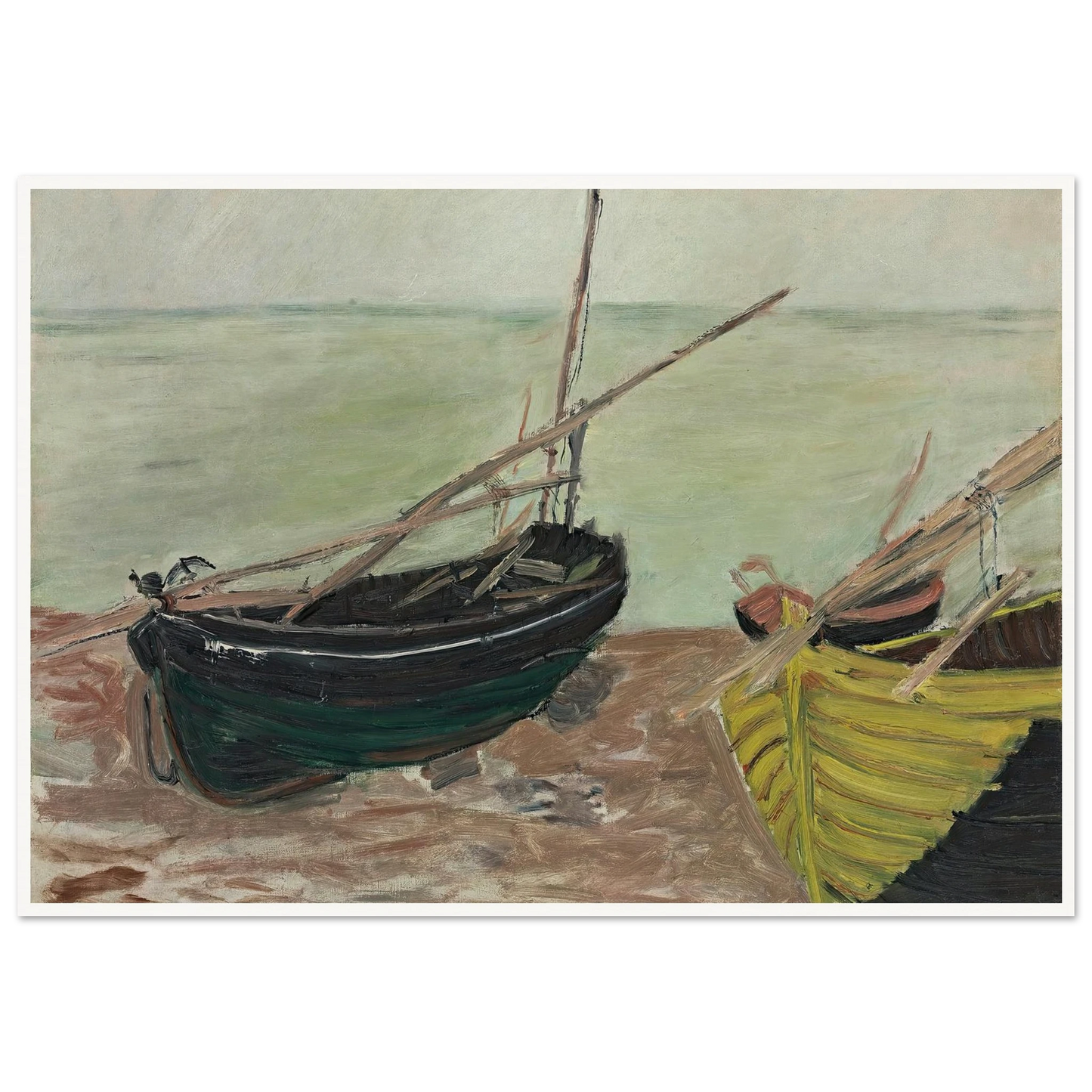 Étude de bateaux sur la plage d’Étretat (1885) Art Print | Claude Monet - Framed Poster - 30x40 cm / 12x16″ - Black frame
