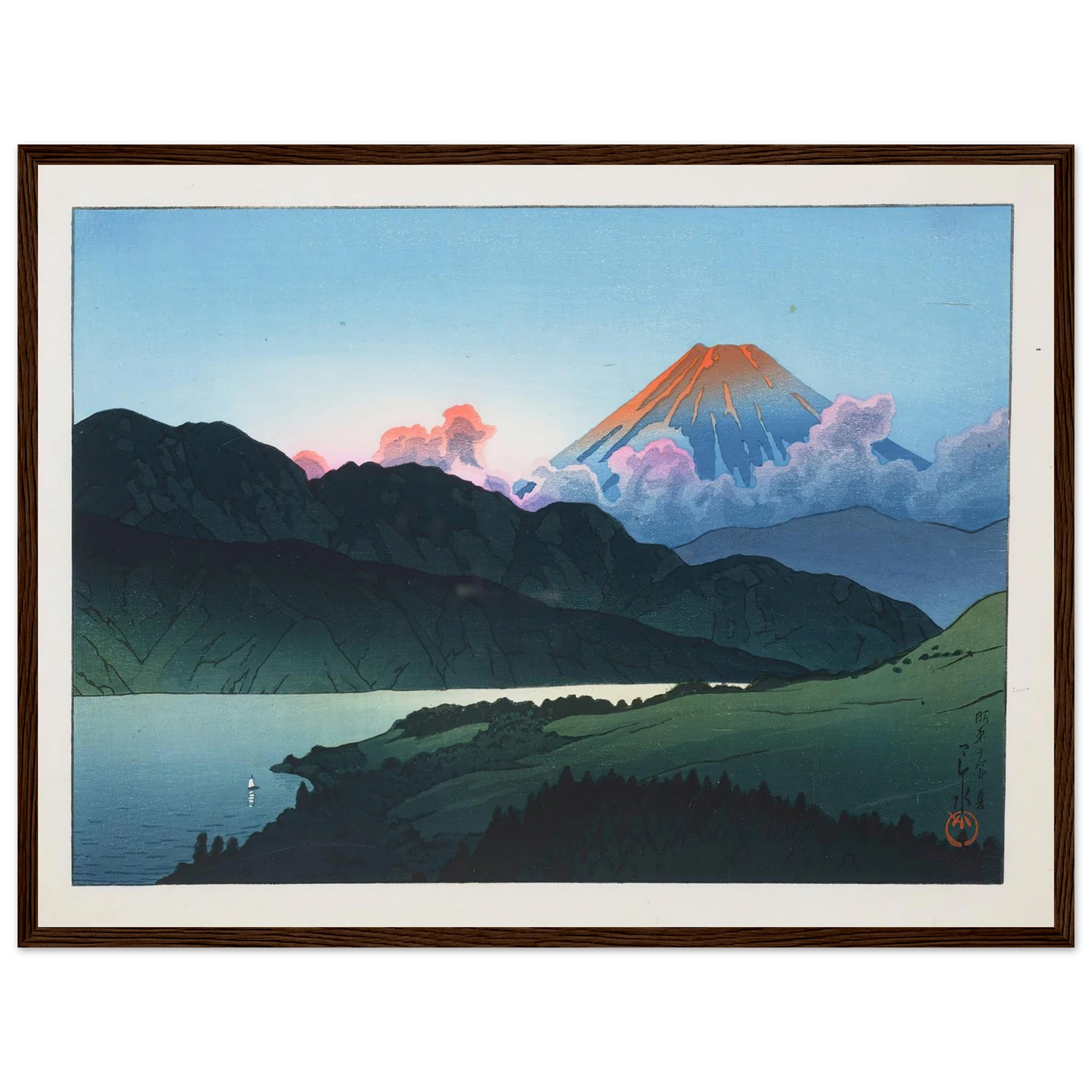 Evening of Mount Fuji from Lake Ashino-ko (1935) Art Print | Kawase Hasui - Framed Poster - 30x40 cm / 12x16″ - Black frame