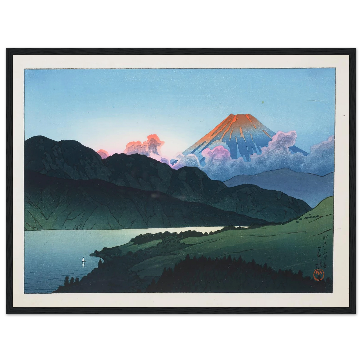 Evening of Mount Fuji from Lake Ashino-ko (1935) Art Print | Kawase Hasui - Framed Poster - 30x40 cm / 12x16″ - Black frame