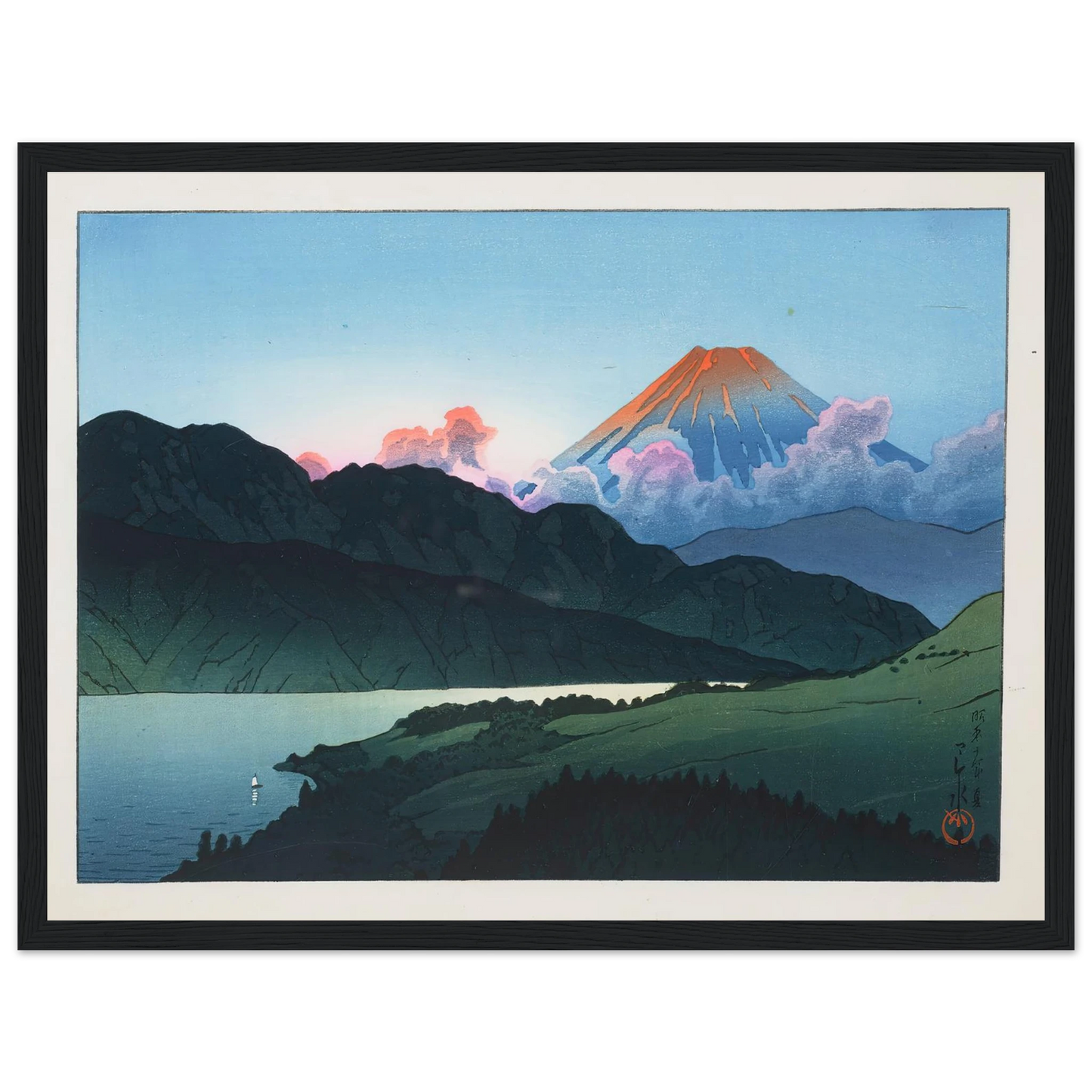 Evening of Mount Fuji from Lake Ashino-ko (1935) Art Print | Kawase Hasui - Framed Poster - 30x40 cm / 12x16″ - Black frame
